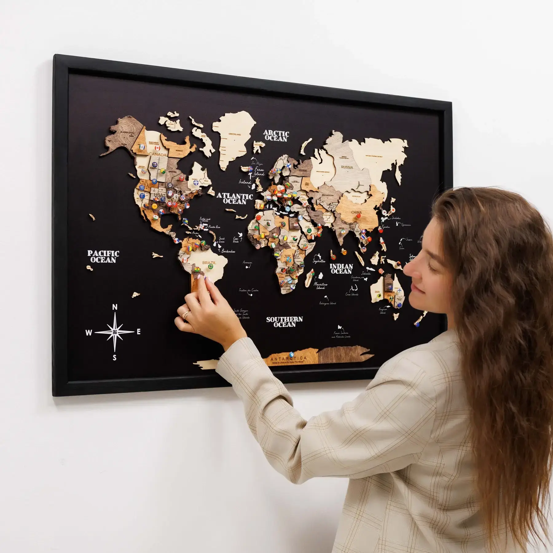 3D Wooden Panel World Map Multicolor